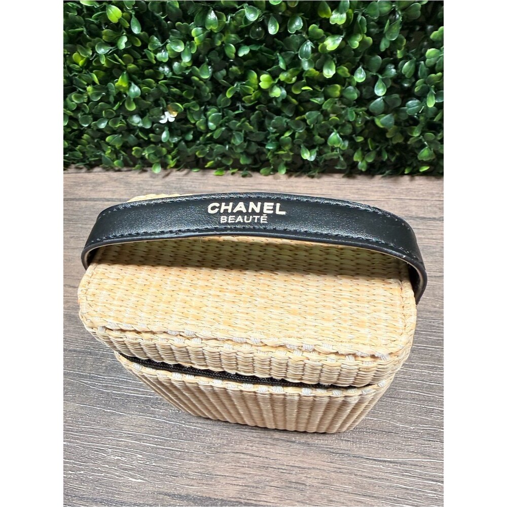 CHANEL Woven Straw Cosmetic Case with Black Leather Handle